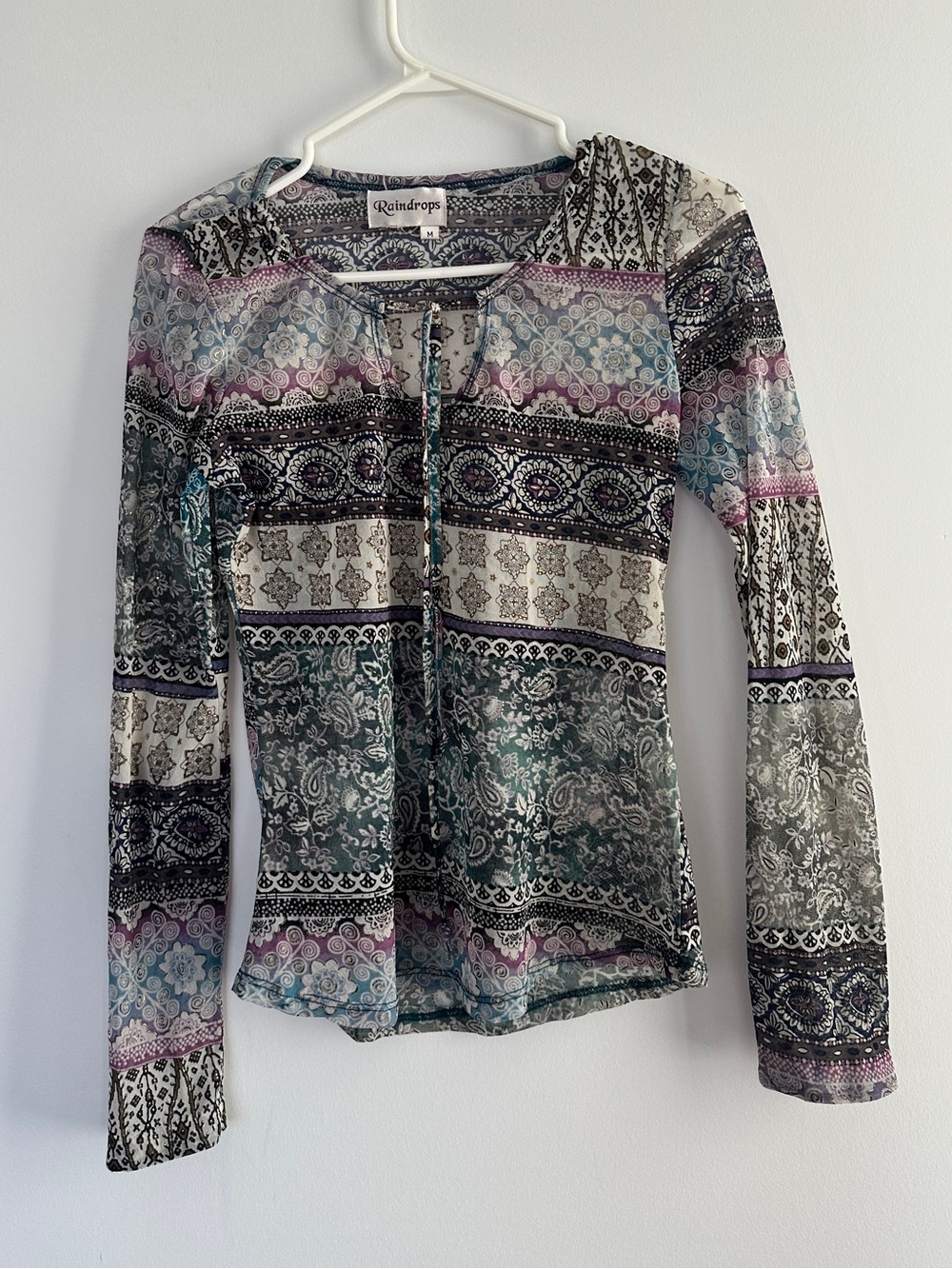 Vintage Multicolor Paisley & Stripe Tie-Front Long Sleeve Top - Picture 2 of 7